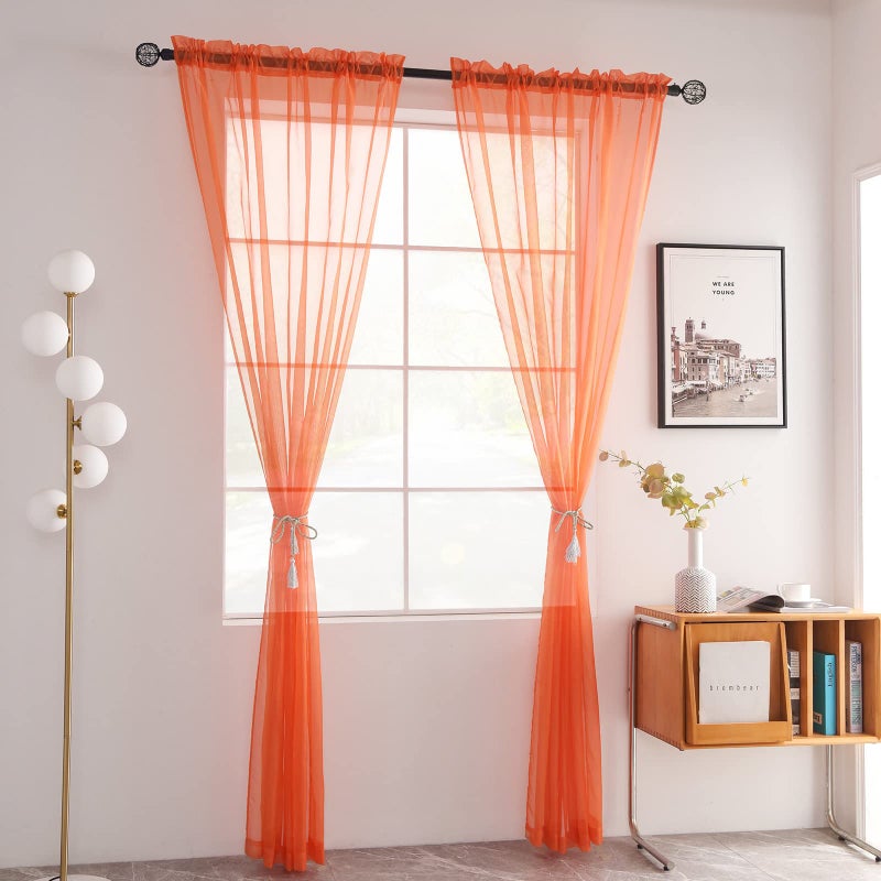 youleyar Solid Sheer Rod Pocket Curtain Voile Draperies 2 Panels White Beige Black Grey Coffee 52 Inch Width 96 Inch Long 1 Pair for Kitchen Bedroom Children Living Room Yard (Orange Red,52Wx96L) - Image 2